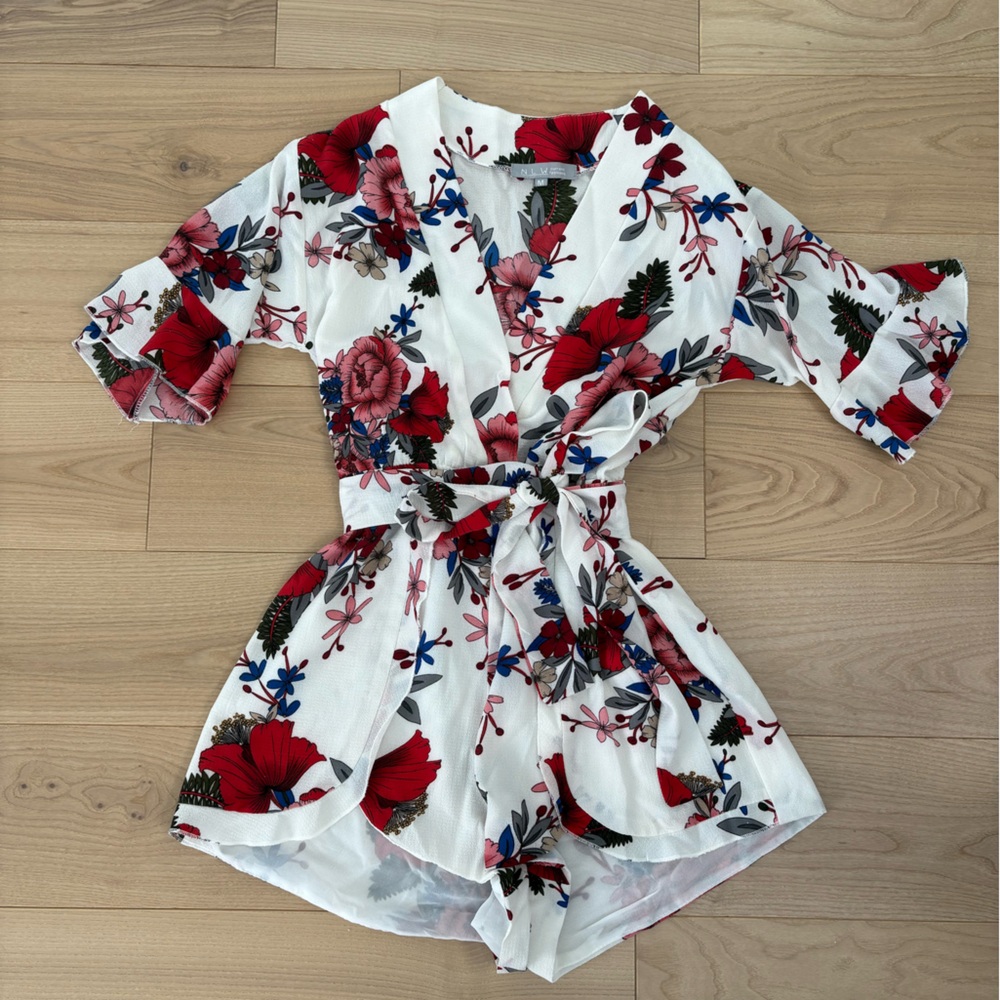 Floral Short Romper With Tie